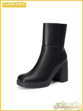 Women's Square Toe Platform Ankle Boots Chunky Heel Zip Closure